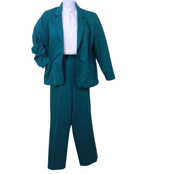 Vintage 2pc Set Graff Polyester Leisure Suit Blazer Comfort Pant -L Pockets Teal - Picture 2 of 10